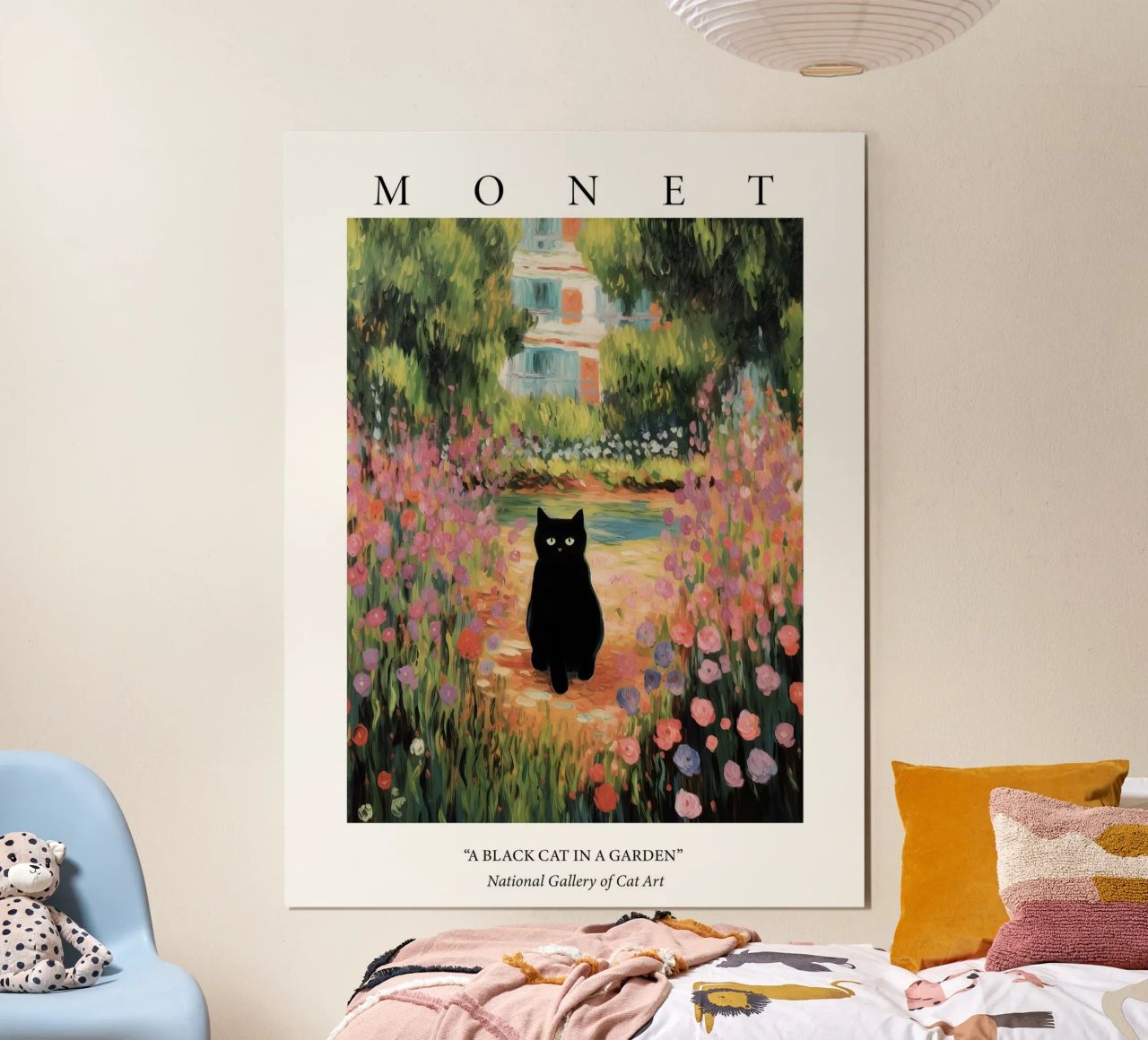 Monet Garten mit einer schwarzen Katze Gemälde Poster von Peaches Art Prints