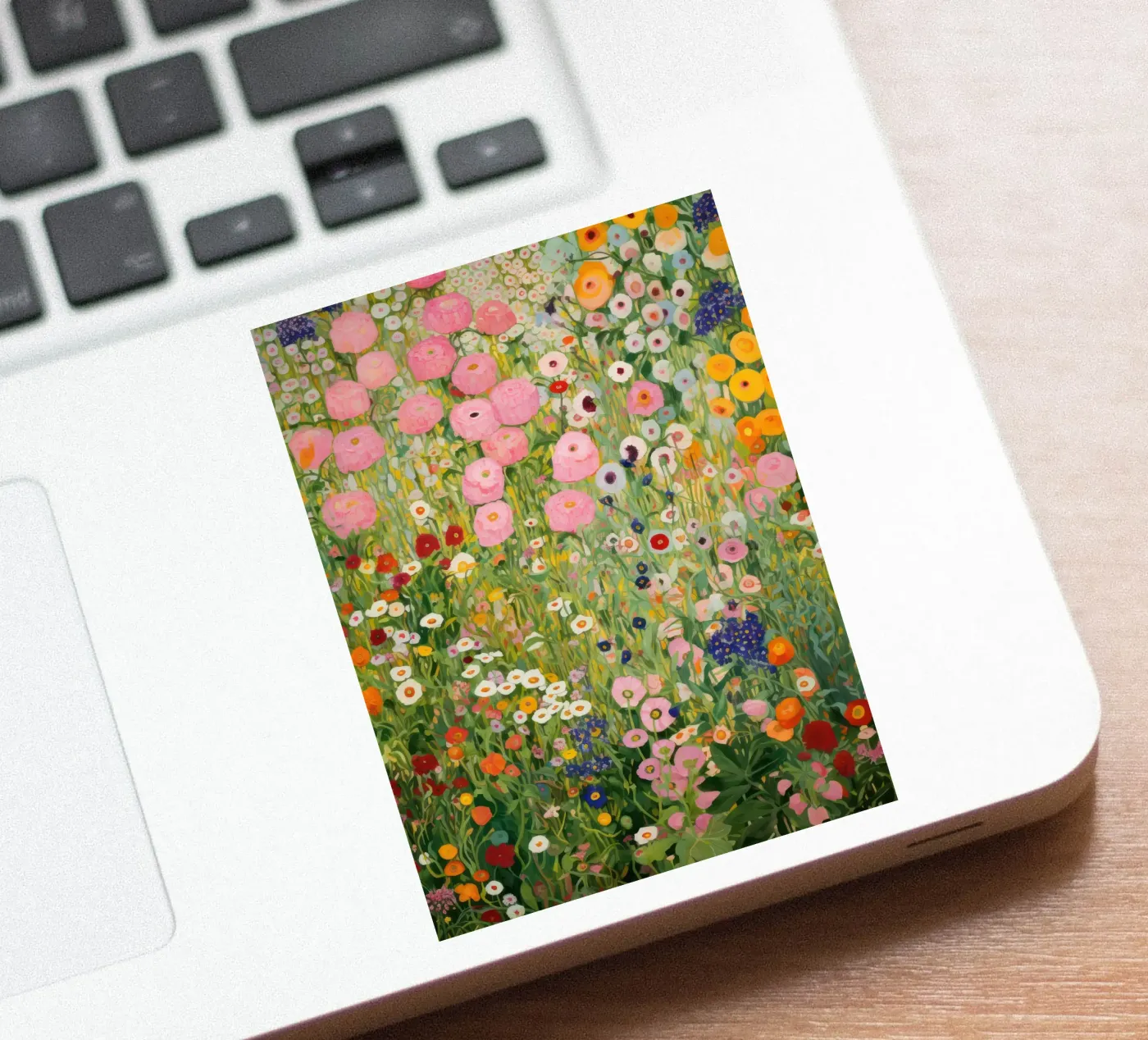 Gustav Klimt, Giardino di fiori rosa e verde adesivo da Peaches Art Prints