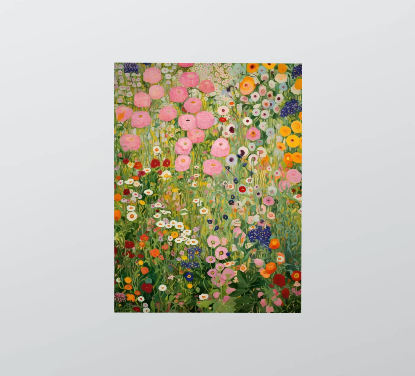 Gustav Klimt, Giardino di fiori rosa e verde adesivo da Peaches Art Prints