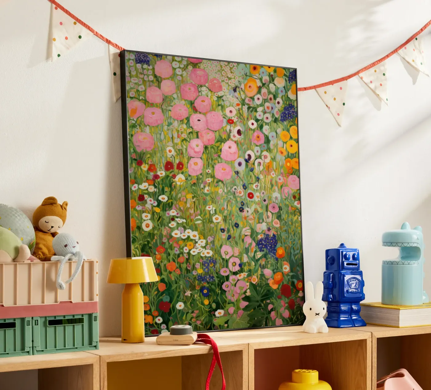 Gustav Klimt, Jardin de fleurs rose et vert alu dibond de Peaches Art Prints