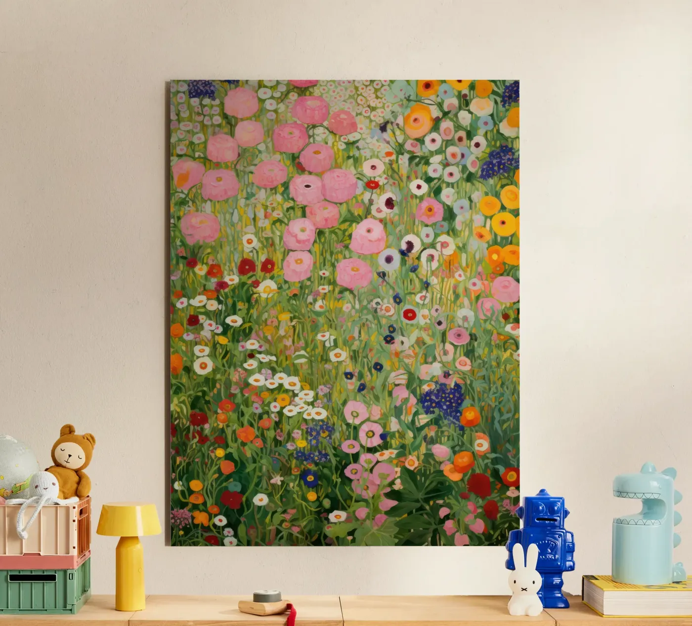 Gustav Klimt, Jardin de fleurs rose et vert alu dibond de Peaches Art Prints