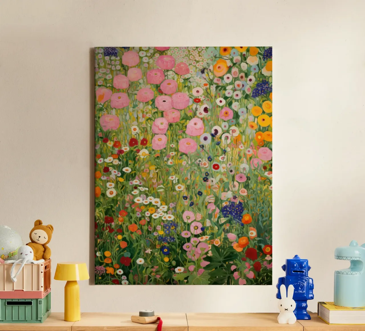 Gustav Klimt, Giardino di fiori rosa e verde tela con Cornice a cassetta da Peaches Art Prints