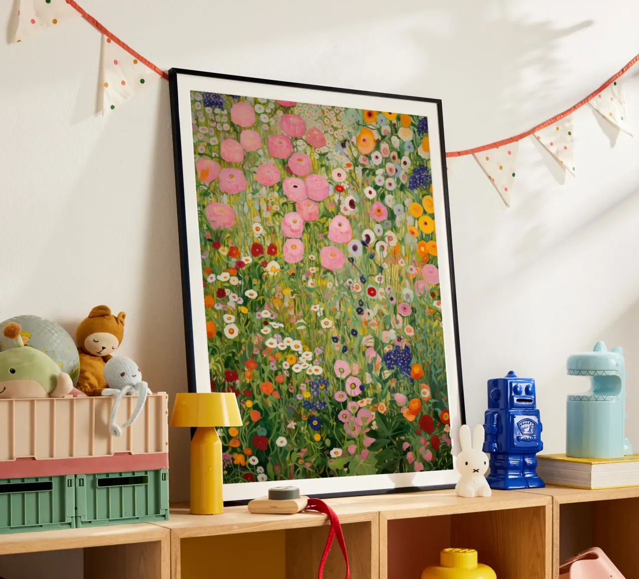 Gustav Klimt, Giardino di fiori rosa e verde poster con telaio in plastica da Peaches Art Prints