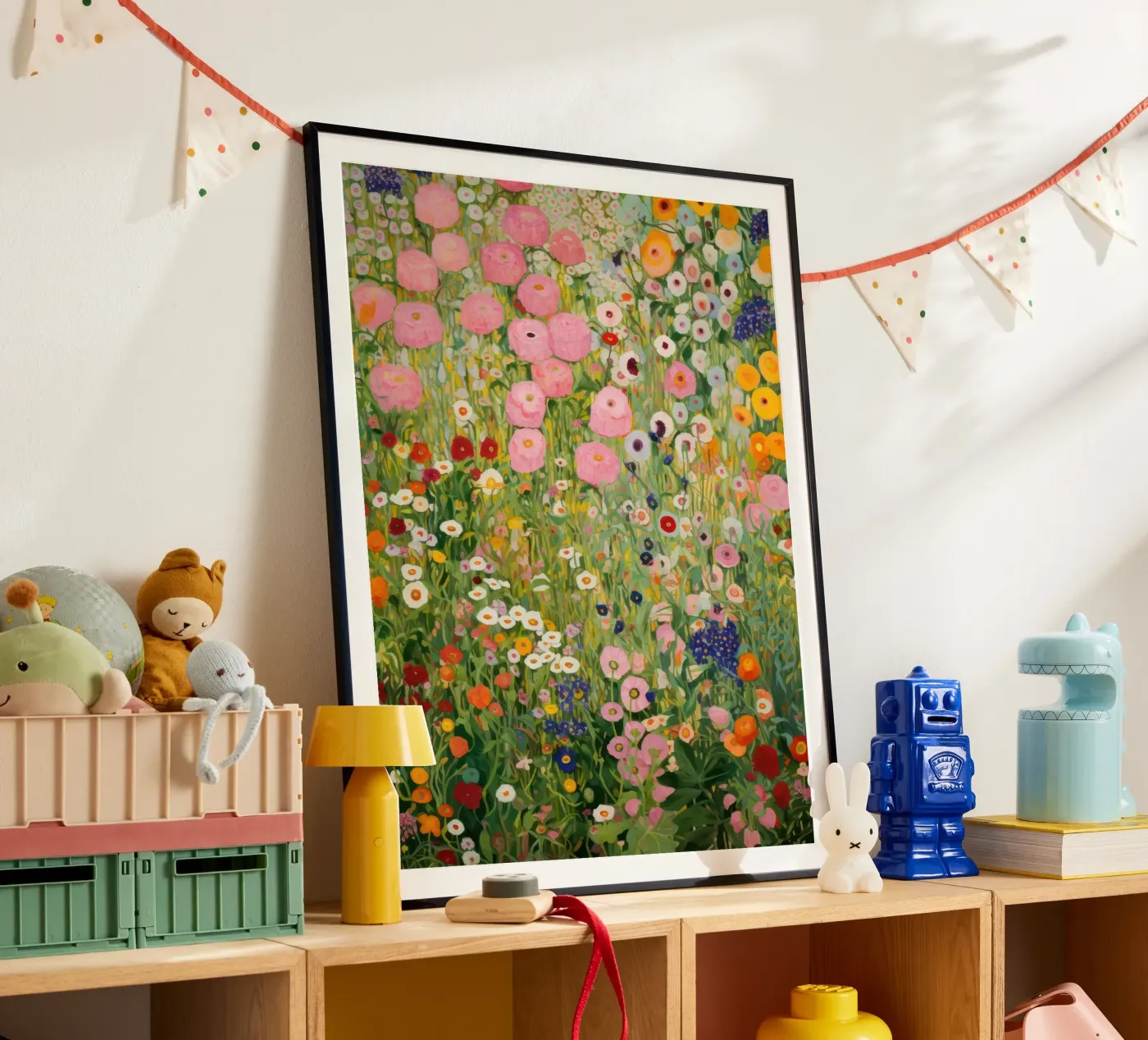 Gustav Klimt, Flowers Garden Pink And Green poster con telaio in alluminio da Peaches Art Prints