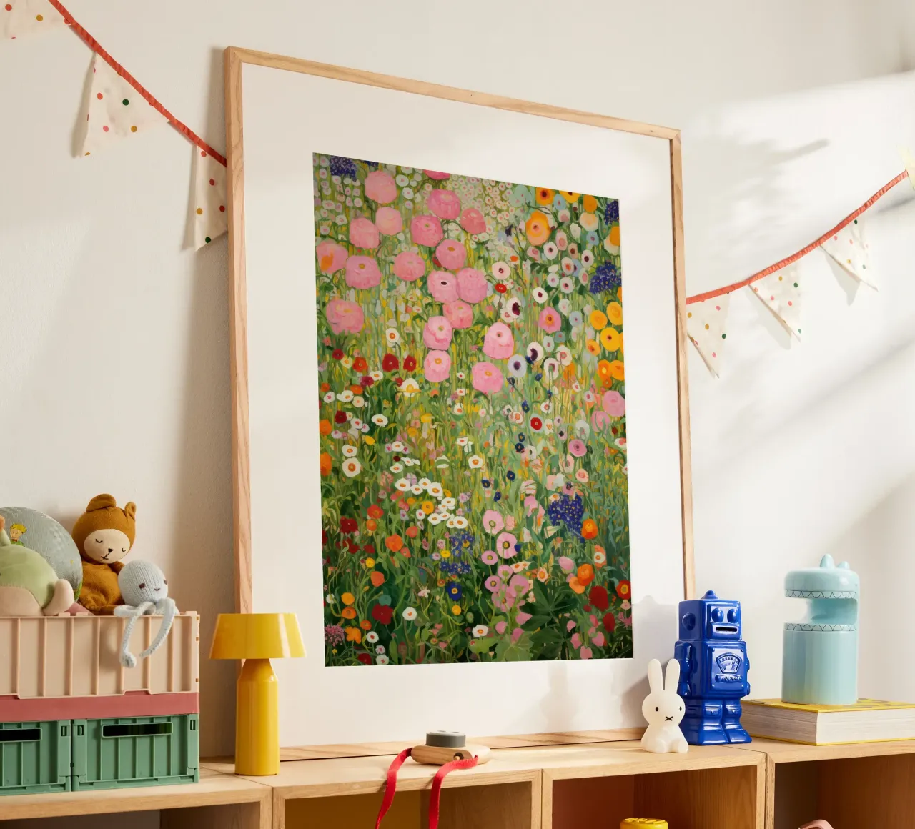 Gustav Klimt, Giardino di fiori rosa e verde poster con telaio in plastica da Peaches Art Prints