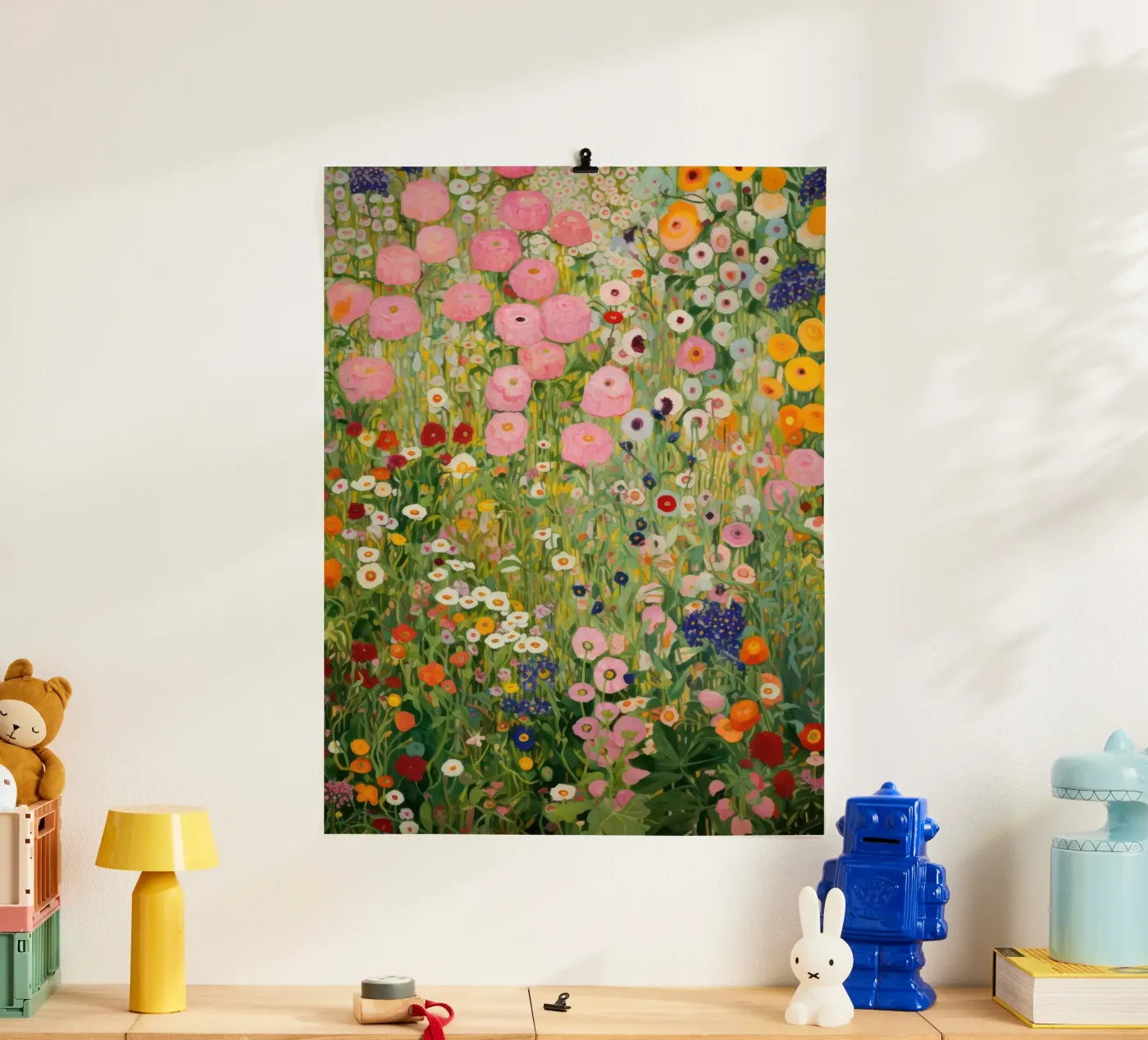 Gustav Klimt, Flowers Garden Pink And Green poster con telaio in alluminio da Peaches Art Prints