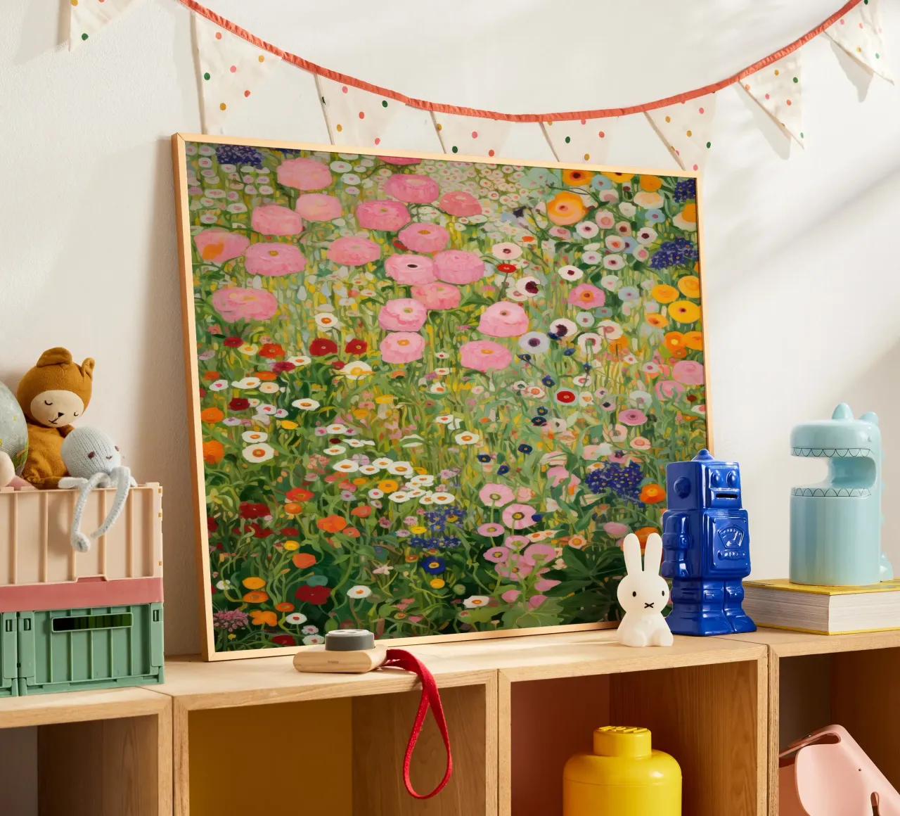 Gustav Klimt, Giardino di fiori rosa e verde poster con telaio in plastica da Peaches Art Prints