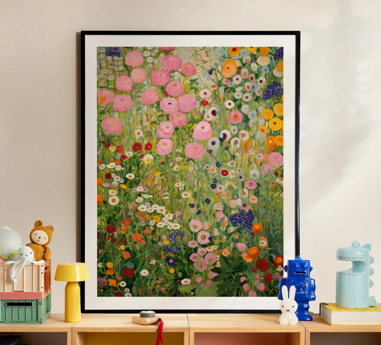 Gustav Klimt, Giardino di fiori rosa e verde poster con telaio in plastica da Peaches Art Prints