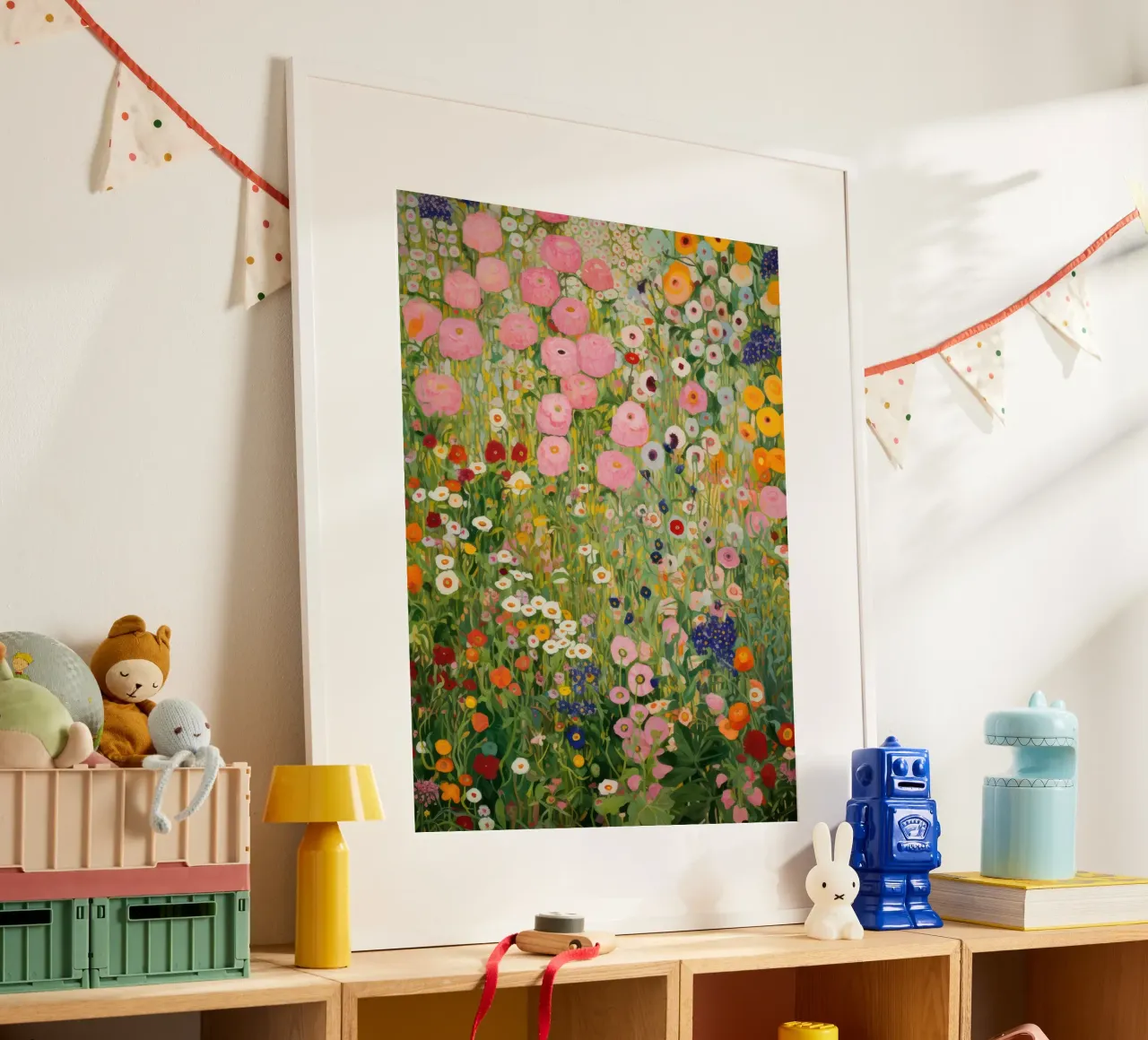 Gustav Klimt, Giardino di fiori rosa e verde poster con telaio in plastica da Peaches Art Prints