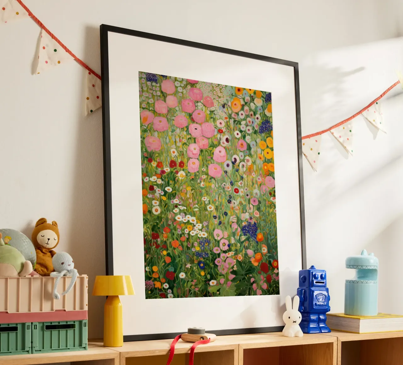 Gustav Klimt, Giardino di fiori rosa e verde poster con telaio in plastica da Peaches Art Prints
