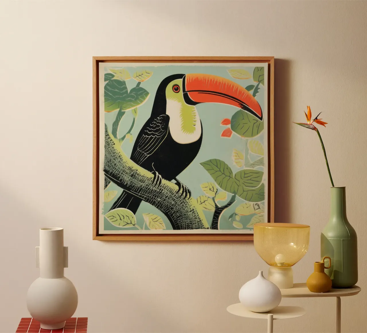 Tucano verde 1 tela con Cornice a cassetta da Minimal Animal Art