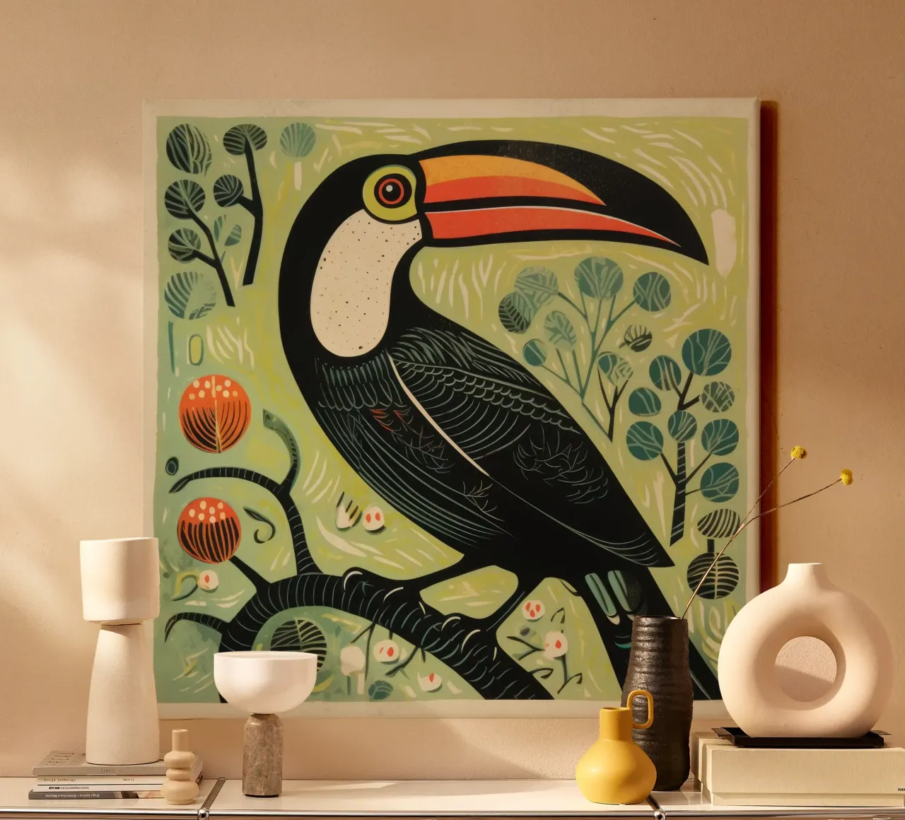 Groene toekan 2 canvas met Baklijst van Minimal Animal Art