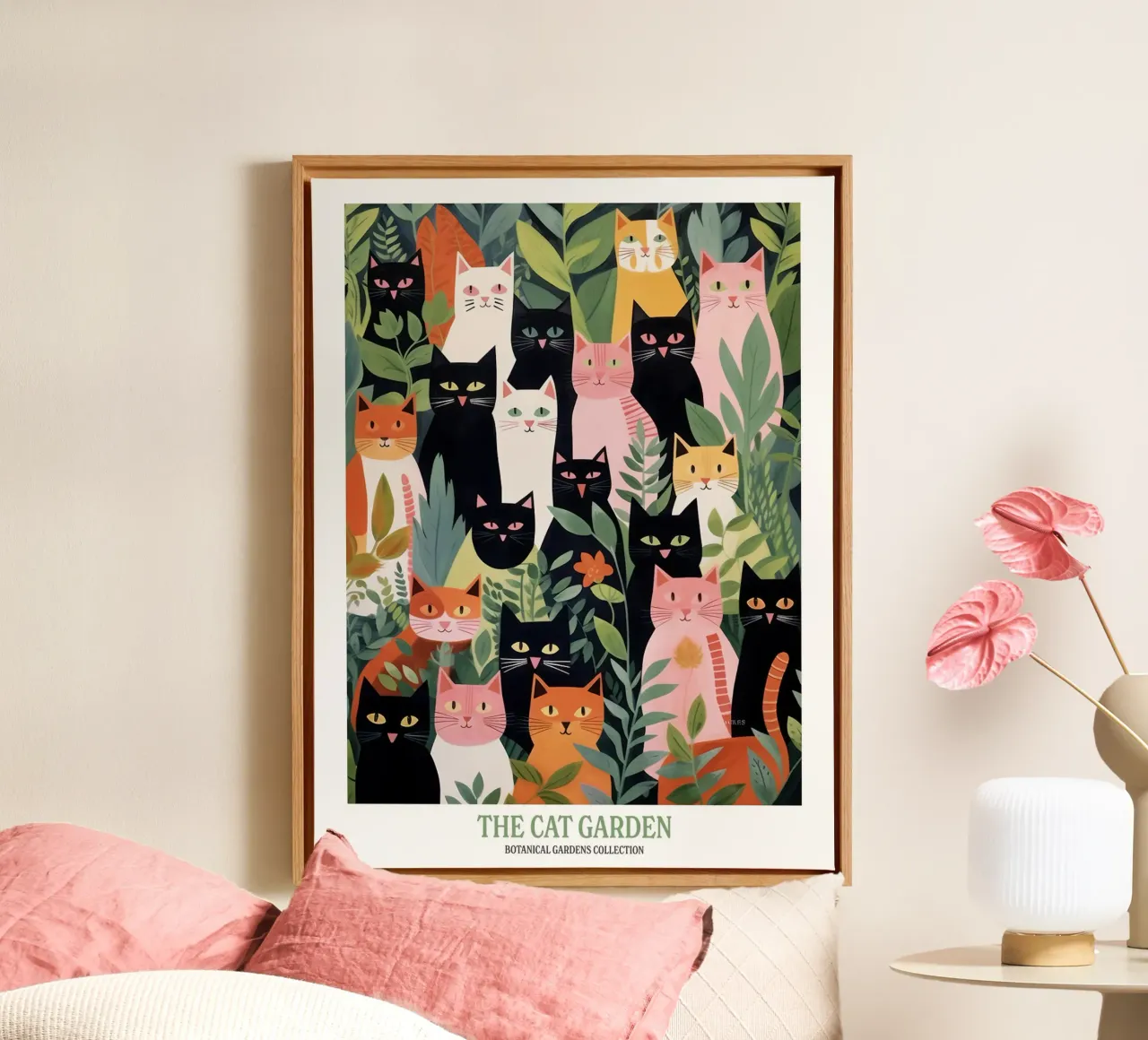 Il giardino dei gatti Fiori botanici 3 tela con Cornice a cassetta da Peaches Art Prints