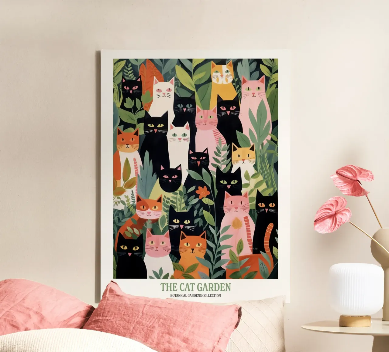 Il giardino dei gatti Fiori botanici 3 tela con Cornice a cassetta da Peaches Art Prints