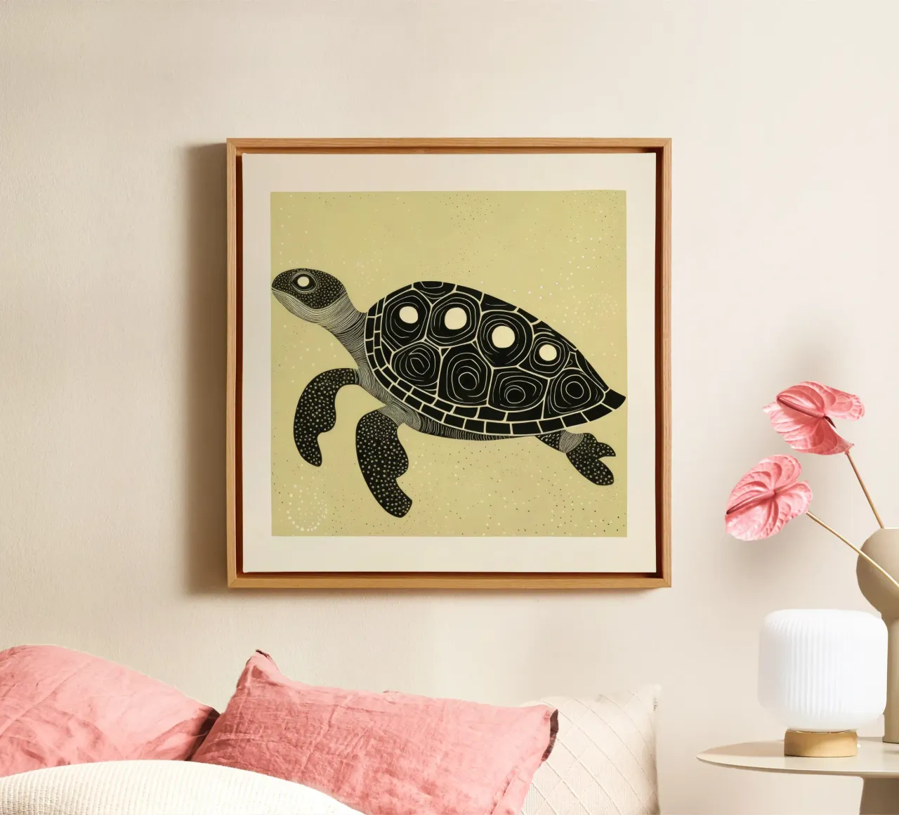 Groene schildpad 1 canvas met Baklijst van Minimal Animal Art