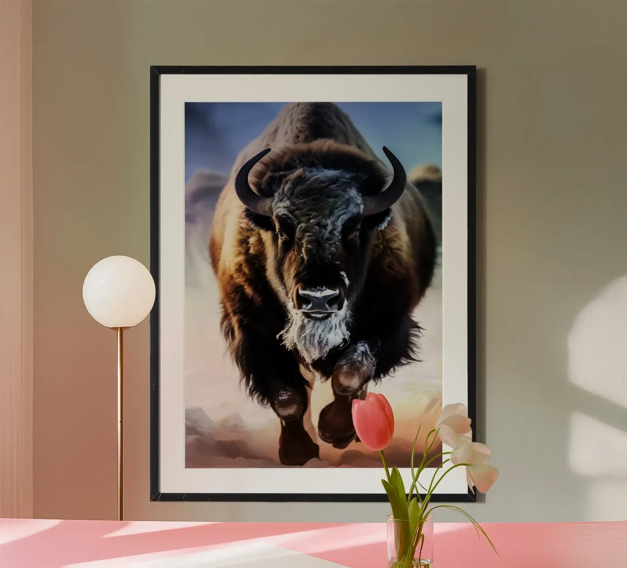 Bisonte acquerellato poster con telaio in legno da kaiyaraiya