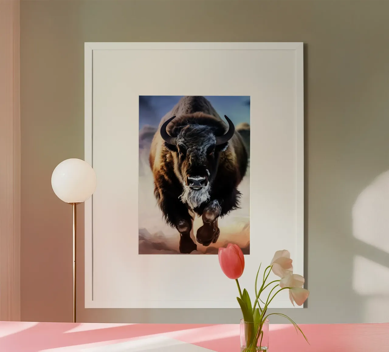 Bisonte acquerellato poster con telaio in legno da kaiyaraiya
