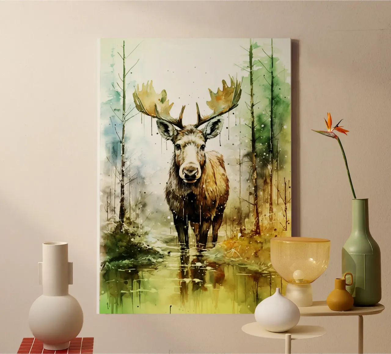 Eland in bos aquarel kunst canvas met Baklijst van kaiyaraiya