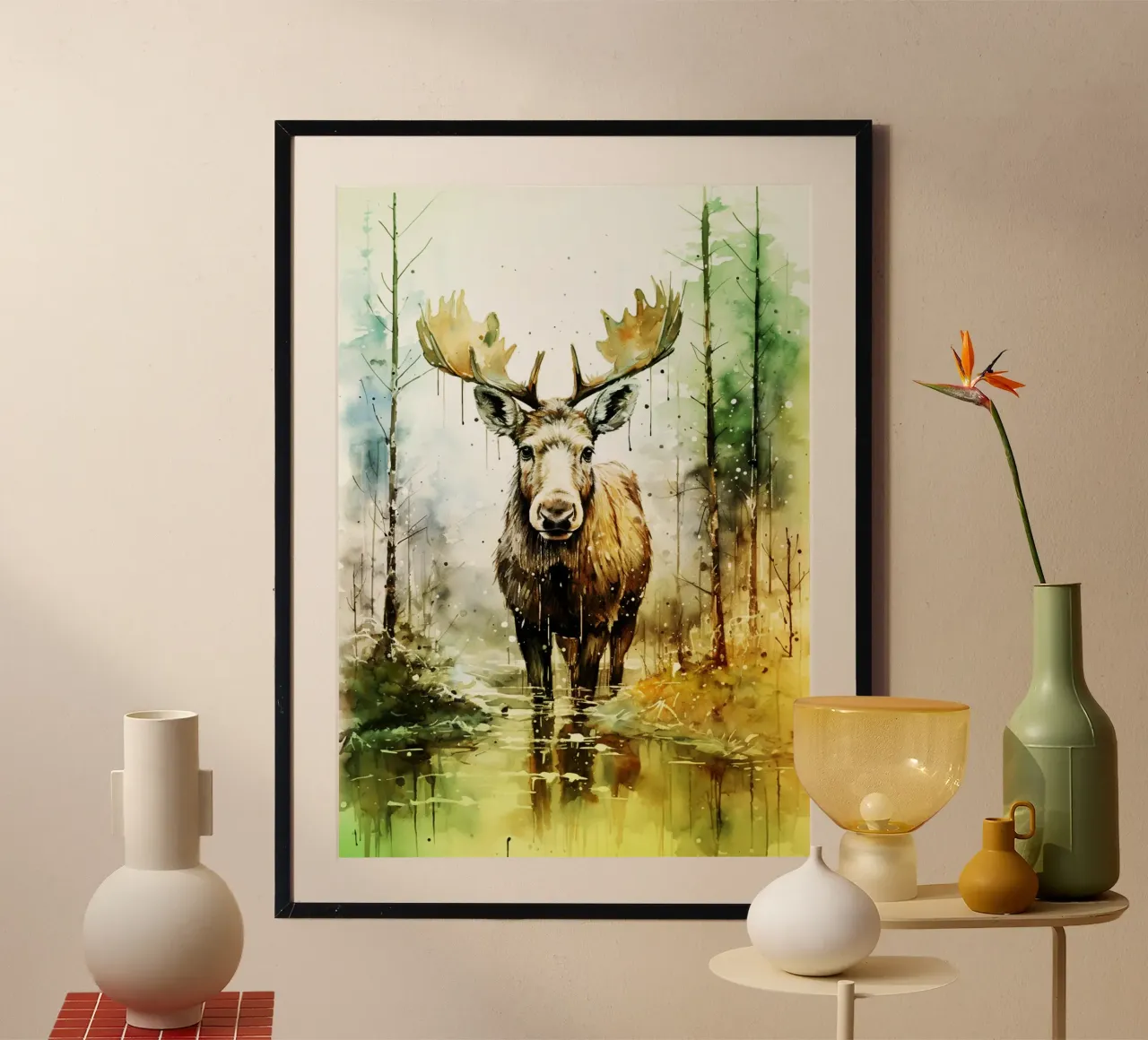 Alce nella foresta - acquerello d'arte poster con telaio in plastica da kaiyaraiya