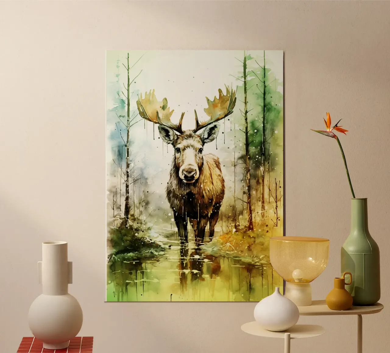 Alce nella foresta - acquerello d'arte poster con telaio in plastica da kaiyaraiya