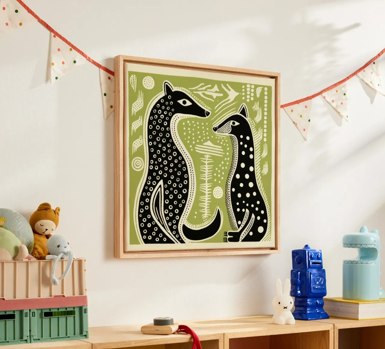 Groene wezel 2 canvas met Baklijst van Minimal Animal Art