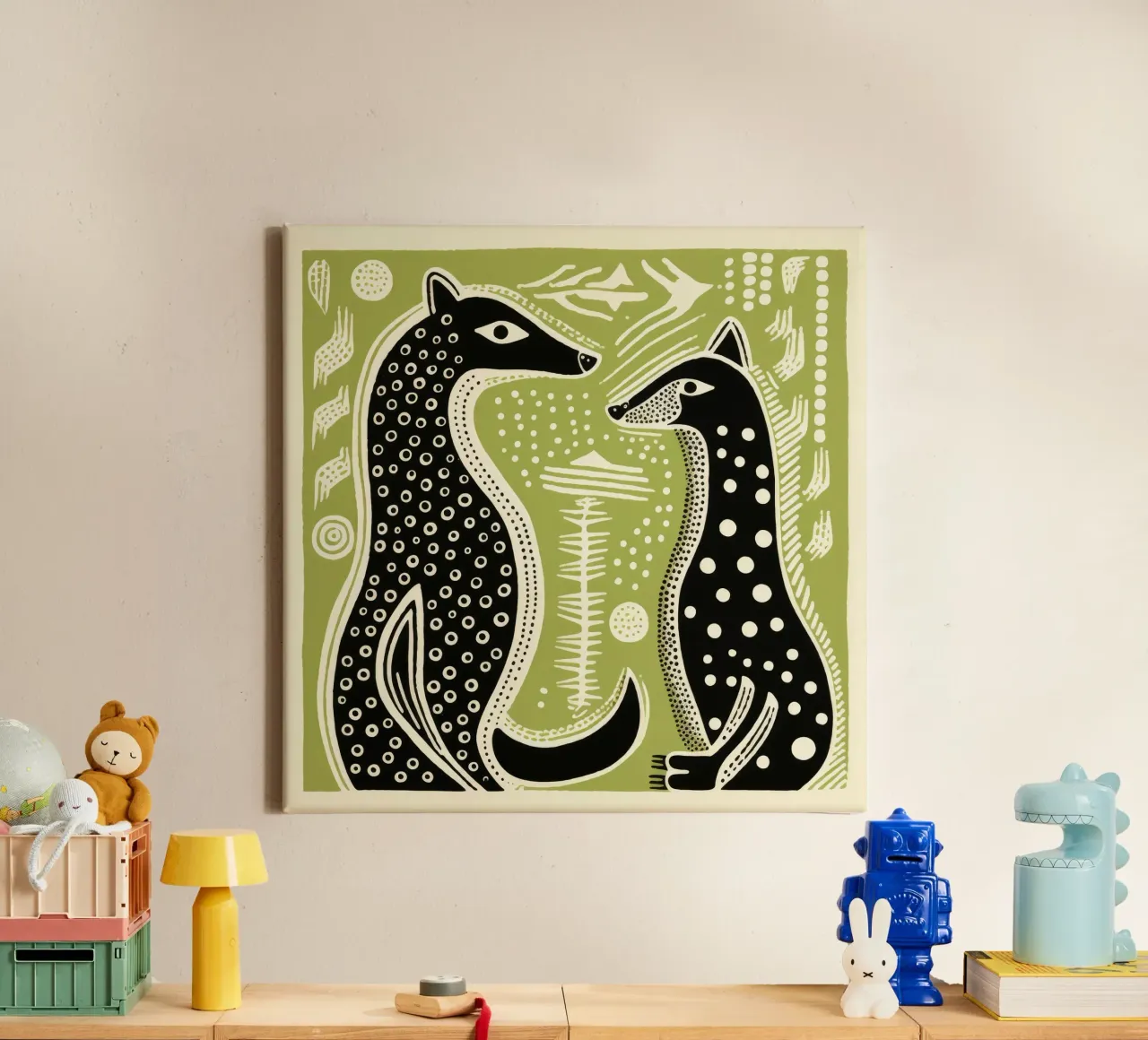 Groene wezel 2 canvas met Baklijst van Minimal Animal Art