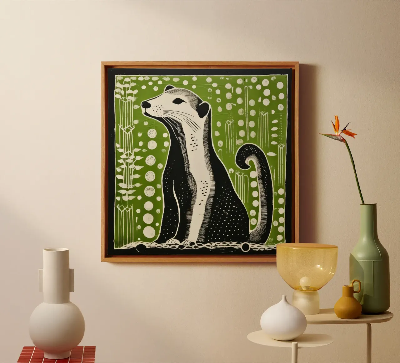 Groene wezel 4 canvas met Baklijst van Minimal Animal Art