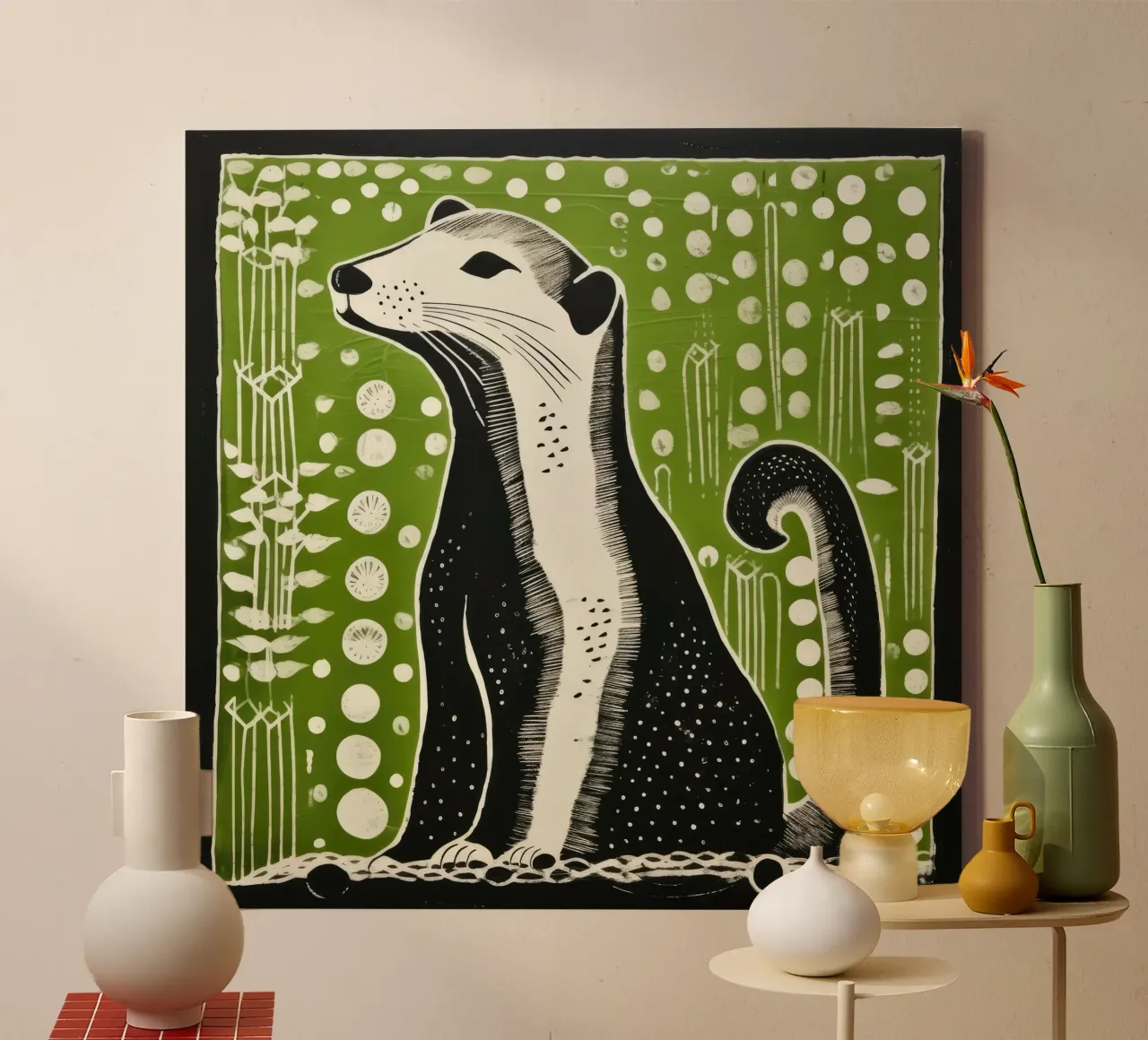 Groene wezel 4 canvas met Baklijst van Minimal Animal Art