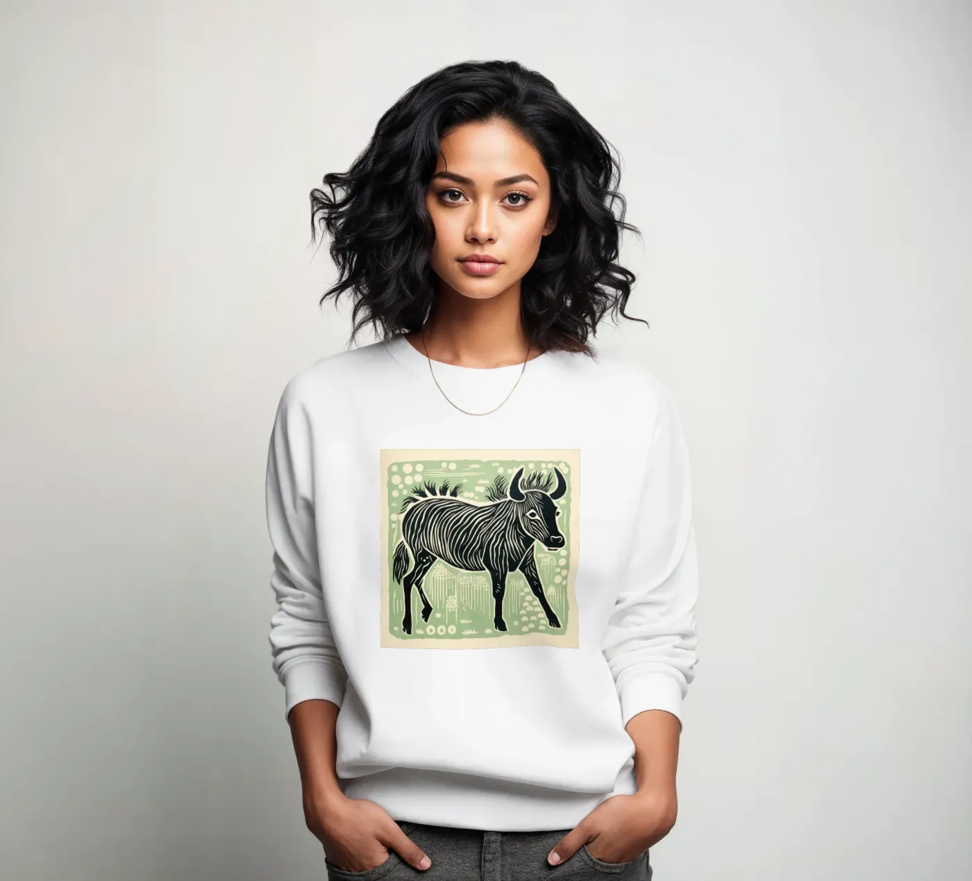 Green Wildebeest sweatshirt van Minimal Animal Art