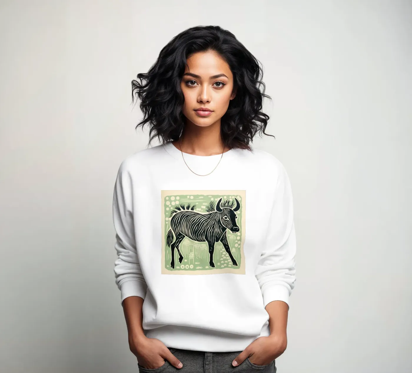 Green Wildebeest sweatshirt van Minimal Animal Art