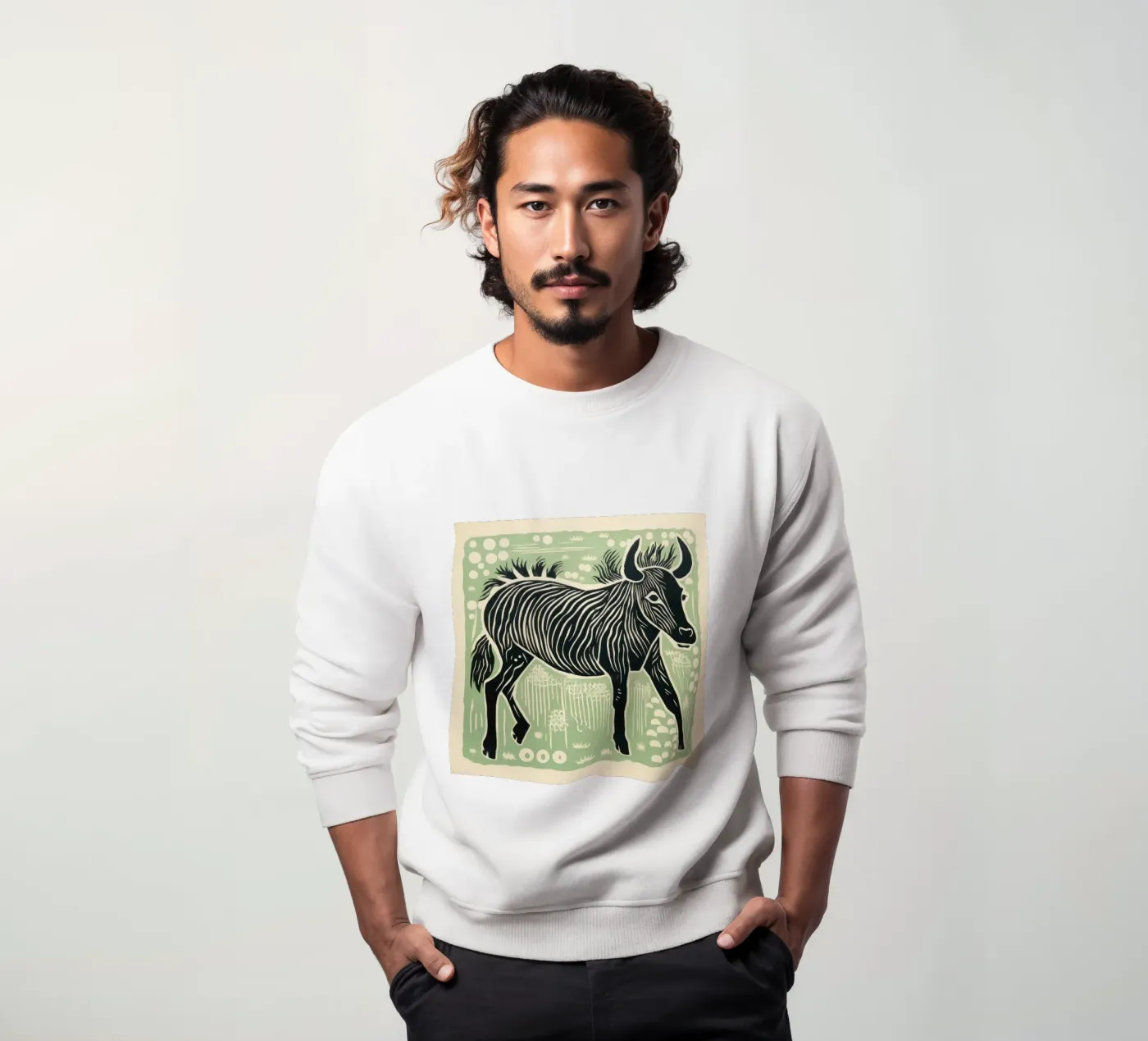 Green Wildebeest sweatshirt van Minimal Animal Art
