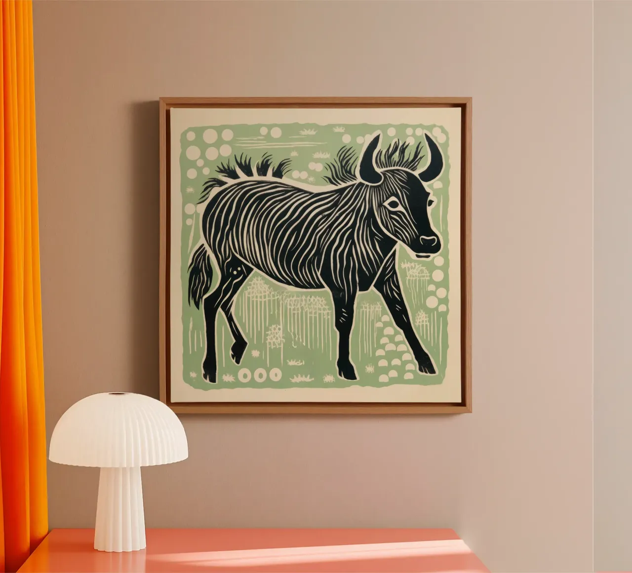 Gnu verde 2 tela con Cornice a cassetta da Minimal Animal Art