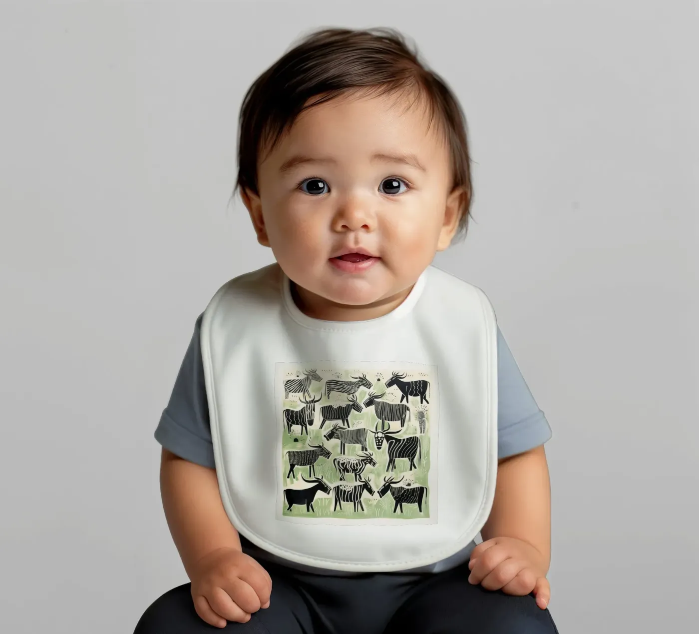 Green Wildebeests baby bib by Minimal Animal Art