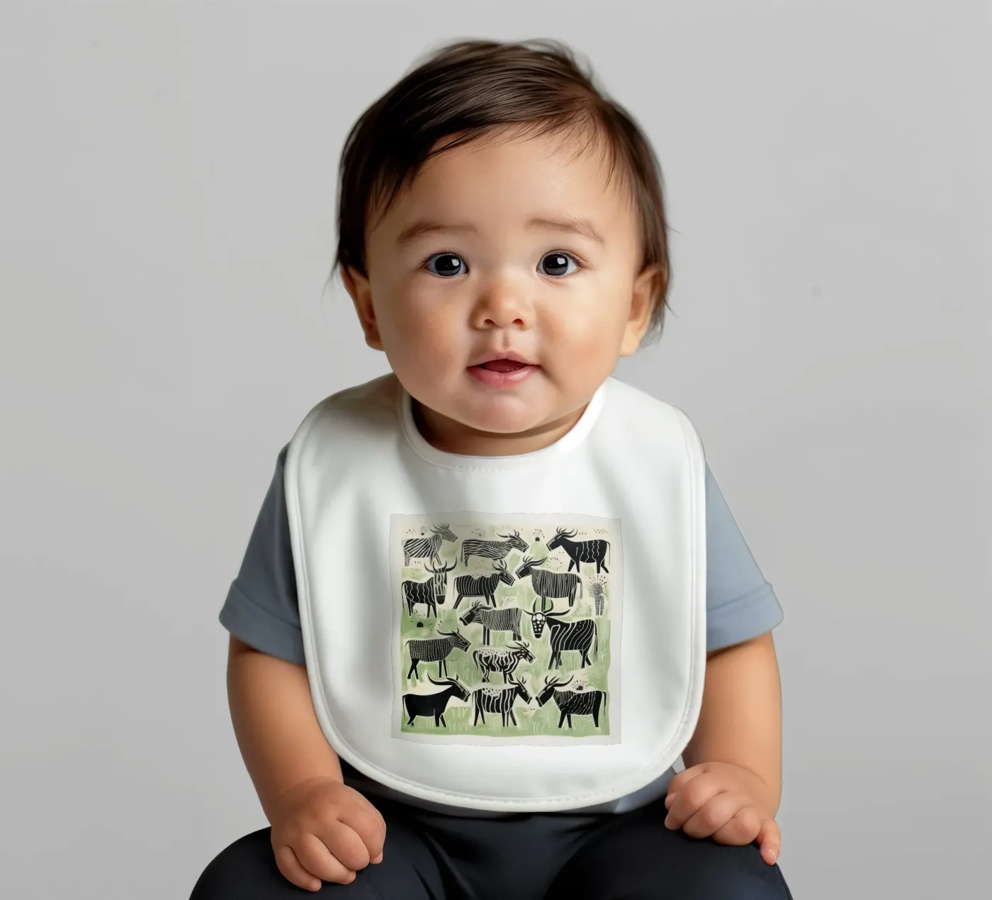 Green Wildebeests baby bib by Minimal Animal Art