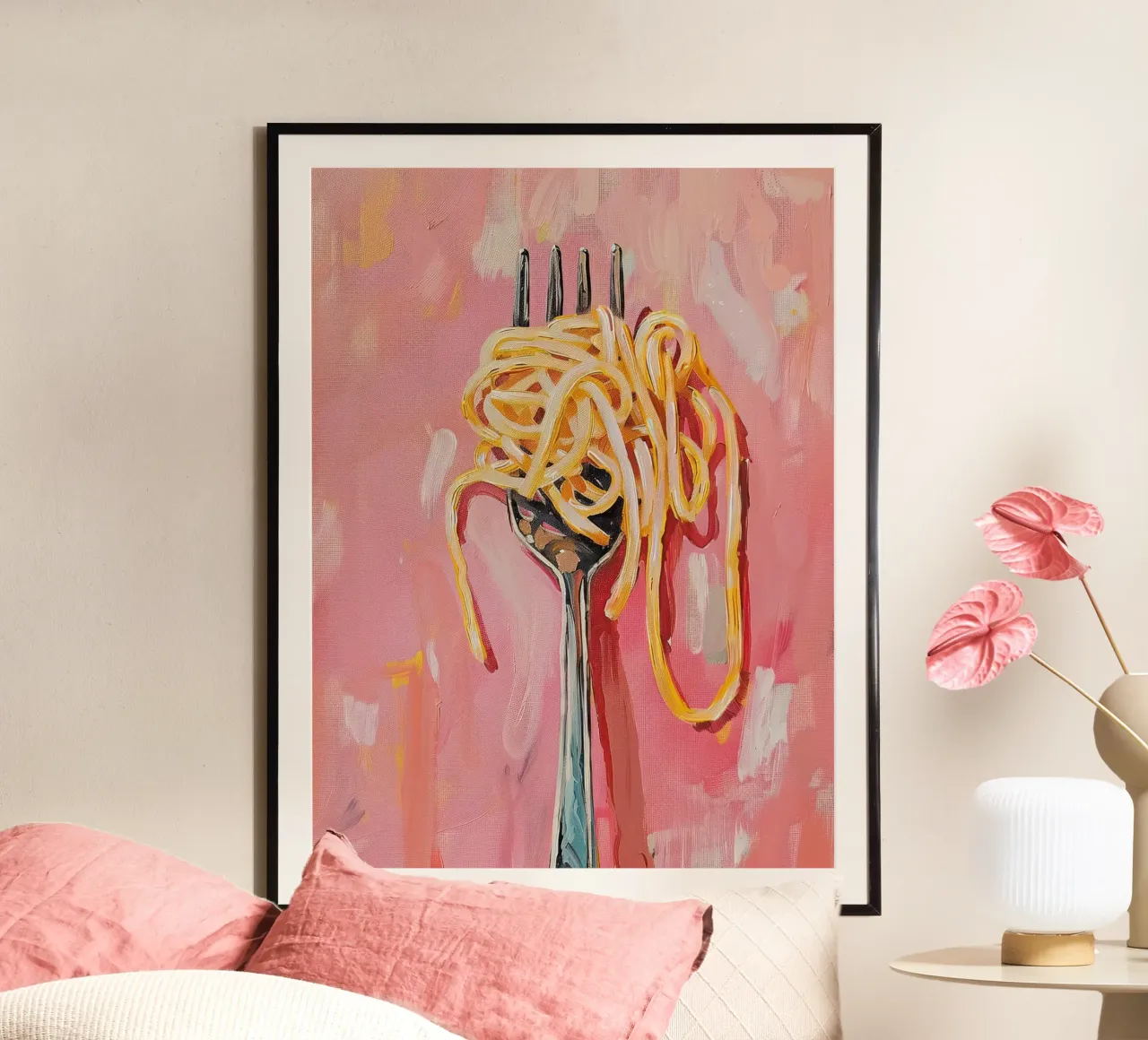 Pasta Print Kitchen Spaghetti Painting poster con telaio in alluminio da Peaches Art Prints