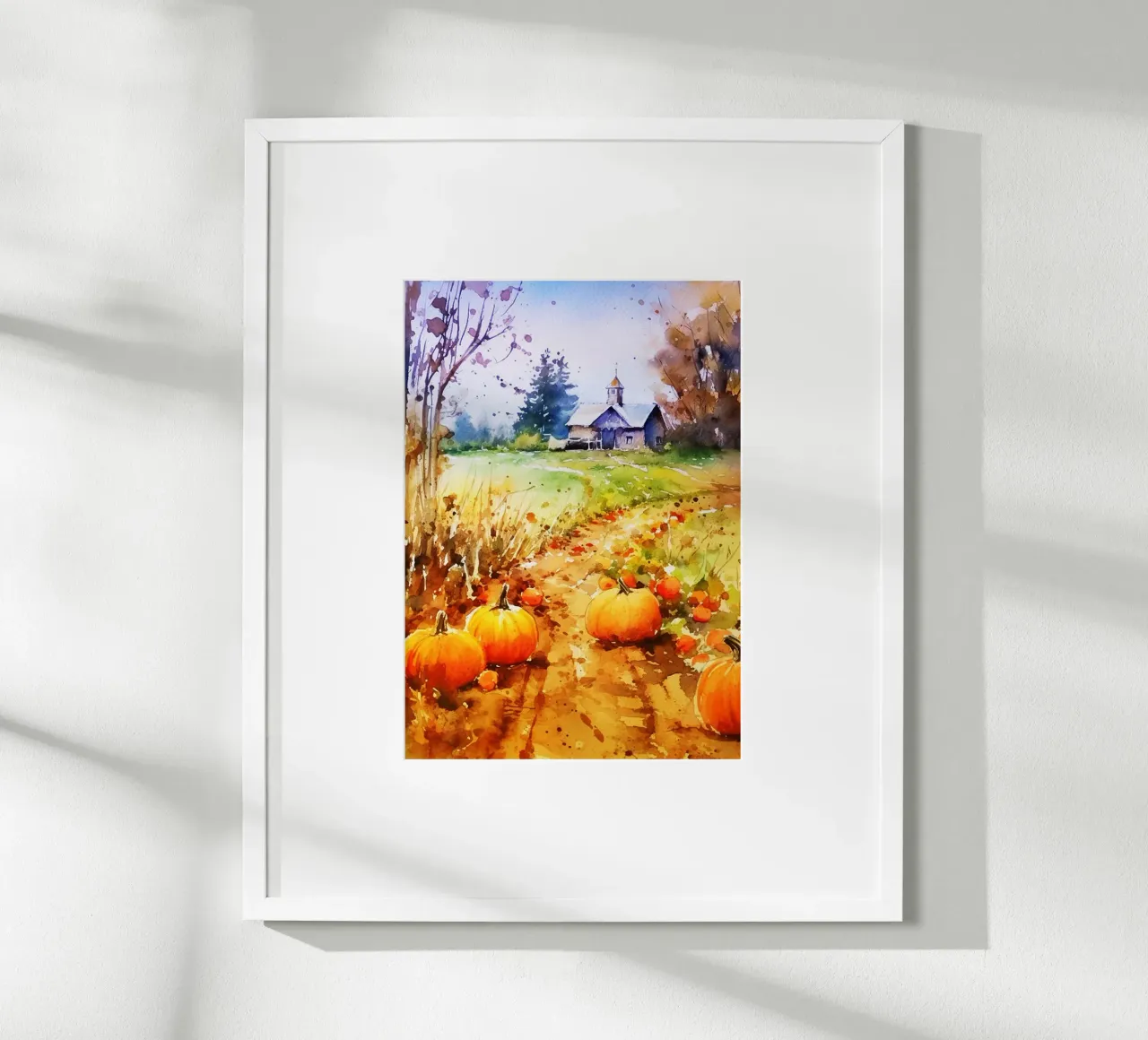 Zucche Paesaggio di fattoria Arte acquerello poster con telaio in legno da kaiyaraiya