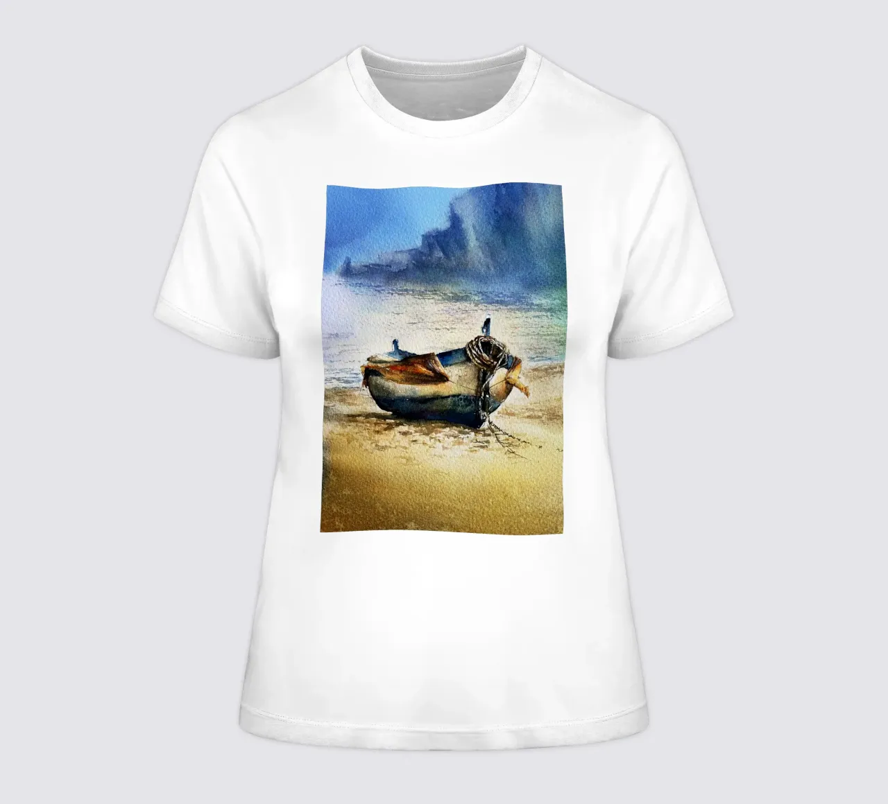 Boat Watercolor Art Design women's fitted t-shirt by kaiyaraiya