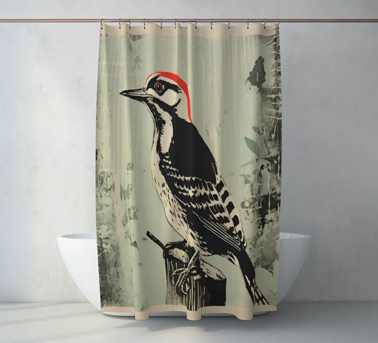Green Woodpecker 4 shower curtain by Minimal Animal Art