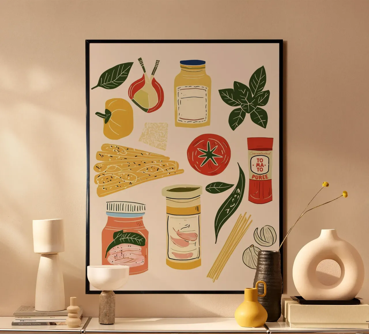 Ingredienti per la pasta Illustrazione della cucina italiana poster con telaio in legno da Peaches Art Prints