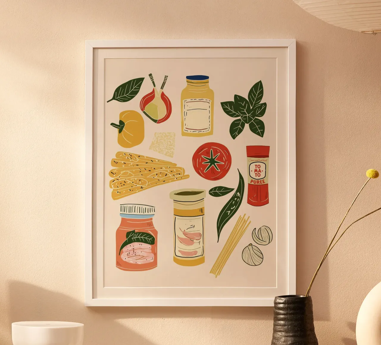 Ingredienti per la pasta Illustrazione della cucina italiana poster con telaio in legno da Peaches Art Prints