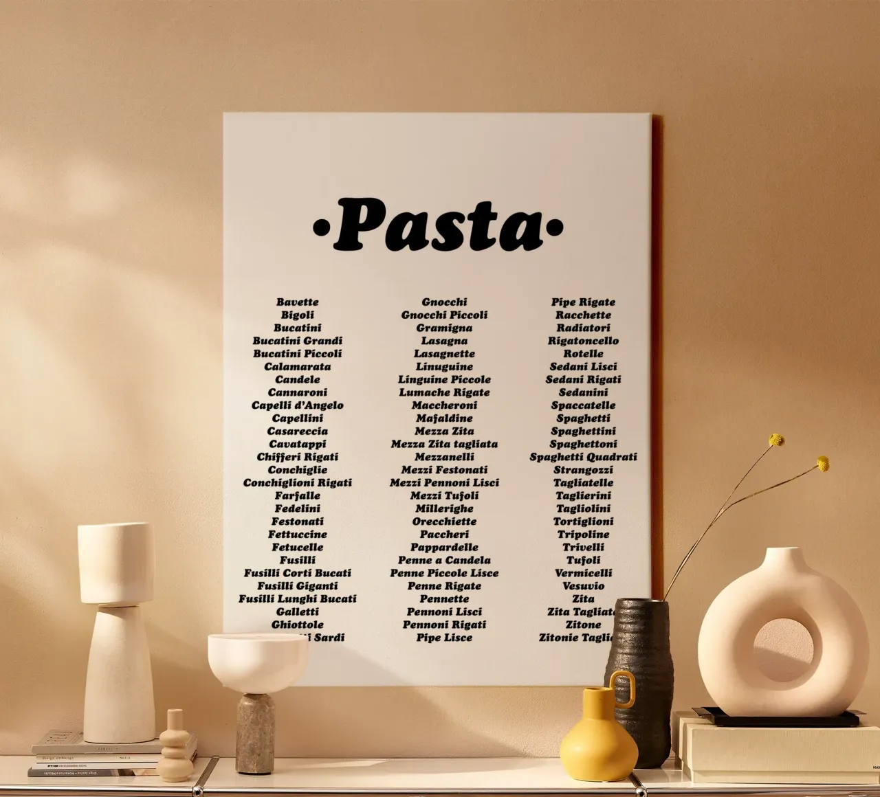 Types Of Pasta - Typography - Black Art Print canvas with Floater frame by Peaches Art Prints