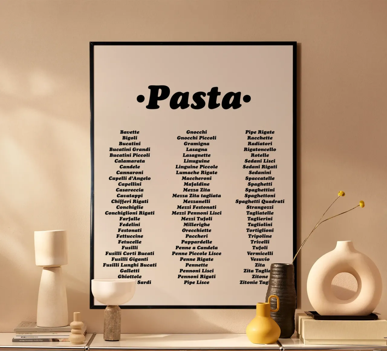 Tipi di pasta - Tipografia - Stampa nera poster con telaio in plastica da Peaches Art Prints