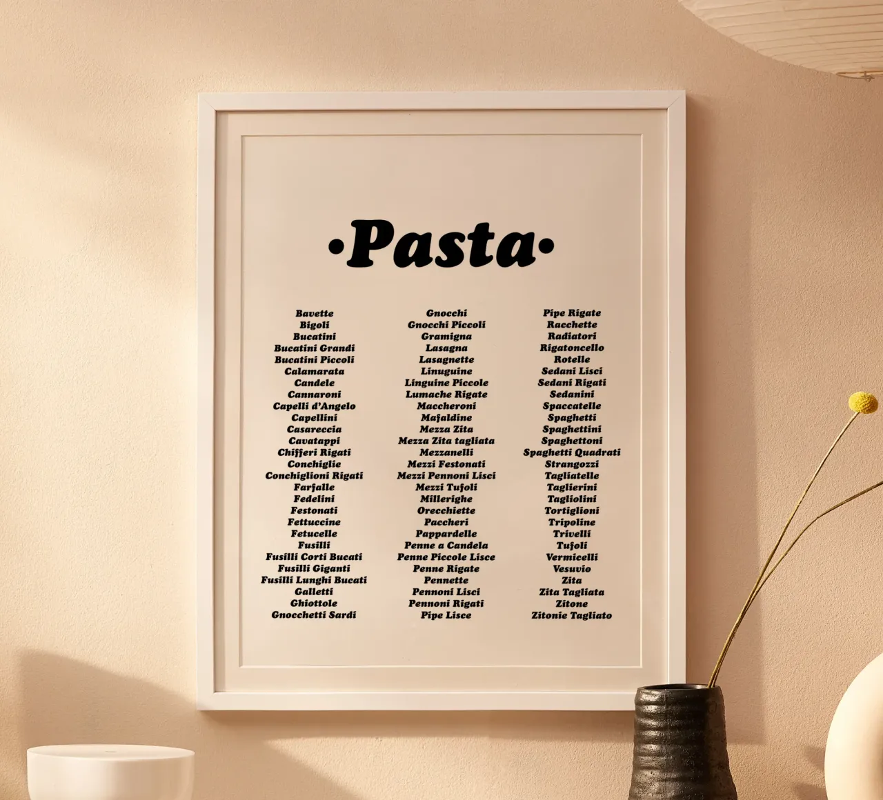 Tipi di pasta - Tipografia - Stampa nera poster con telaio in plastica da Peaches Art Prints