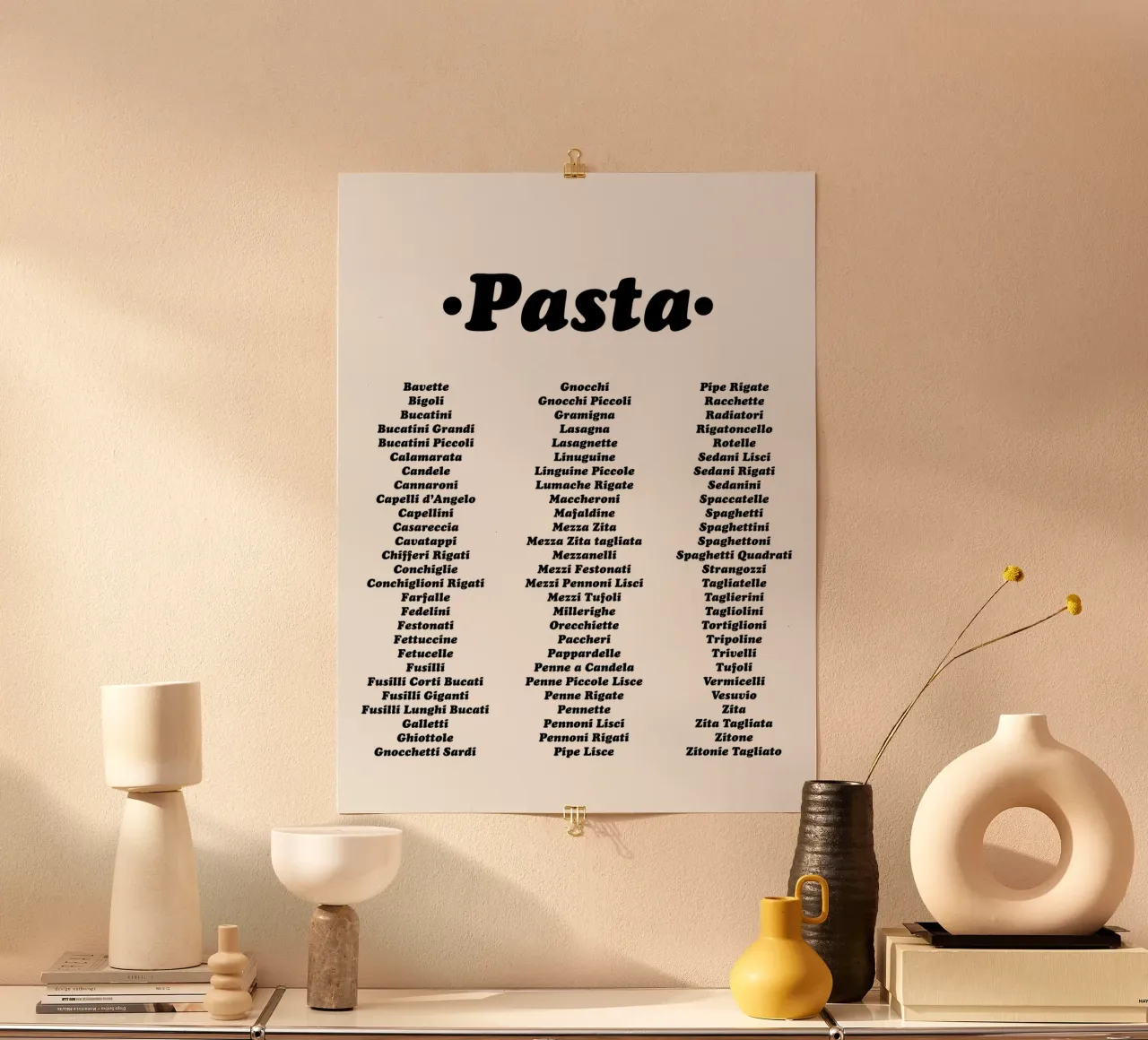 Tipi di pasta - Tipografia - Stampa nera poster con telaio in plastica da Peaches Art Prints