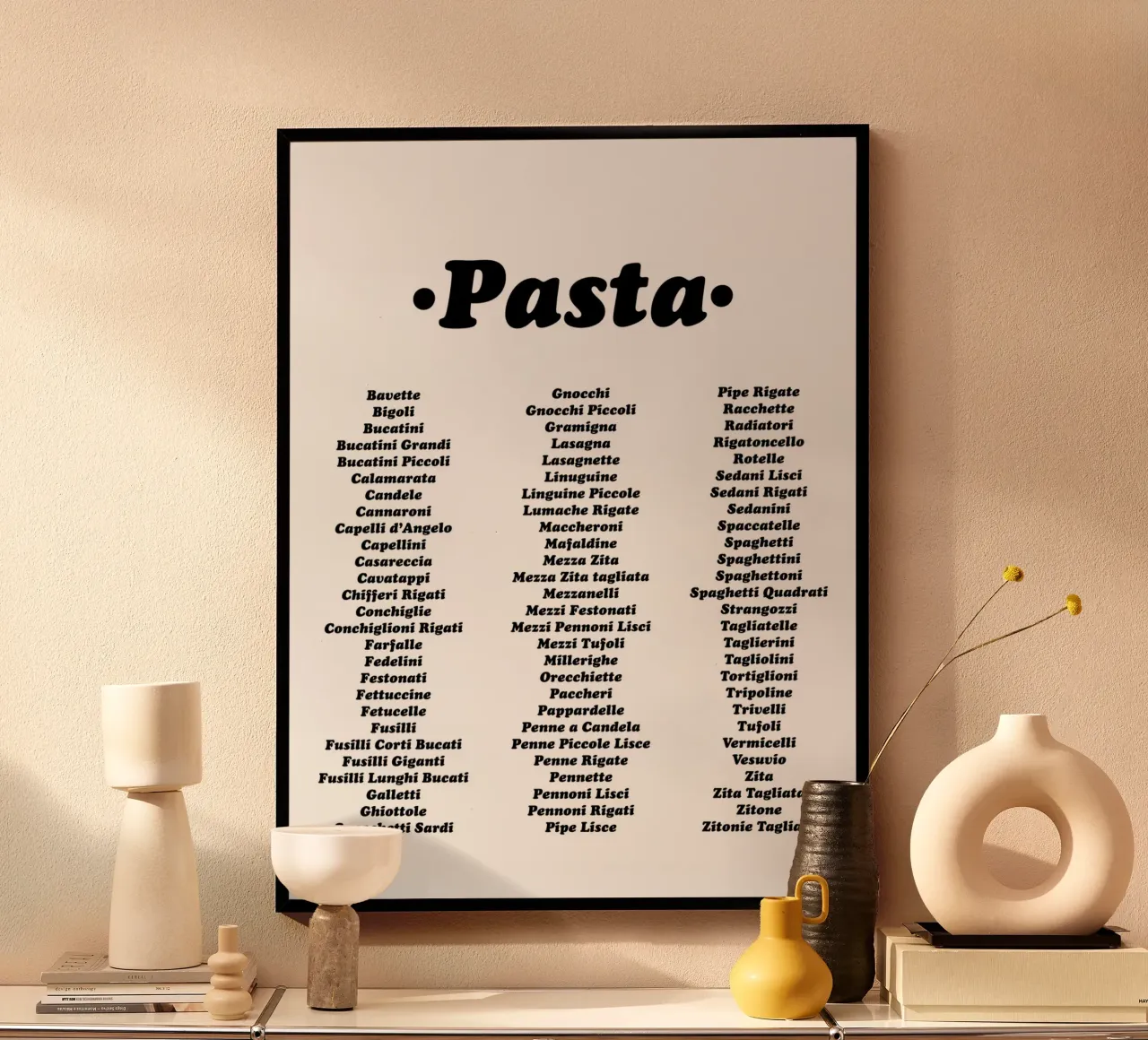 Tipi di pasta - Tipografia - Stampa nera poster con telaio in plastica da Peaches Art Prints