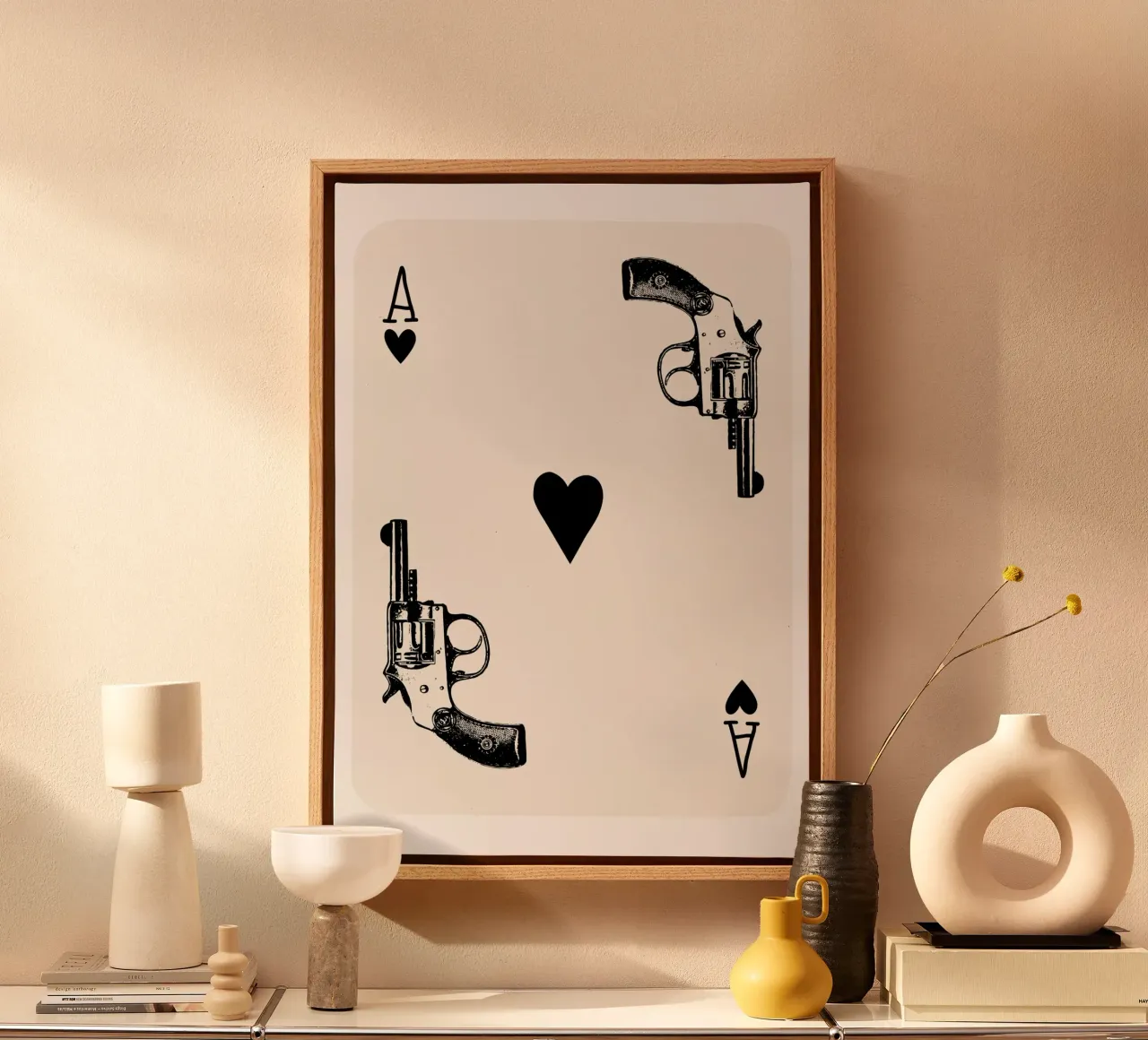 zwarte aas kaart, retro pistool, cowboy kunst canvas met Baklijst van pdigitalprints