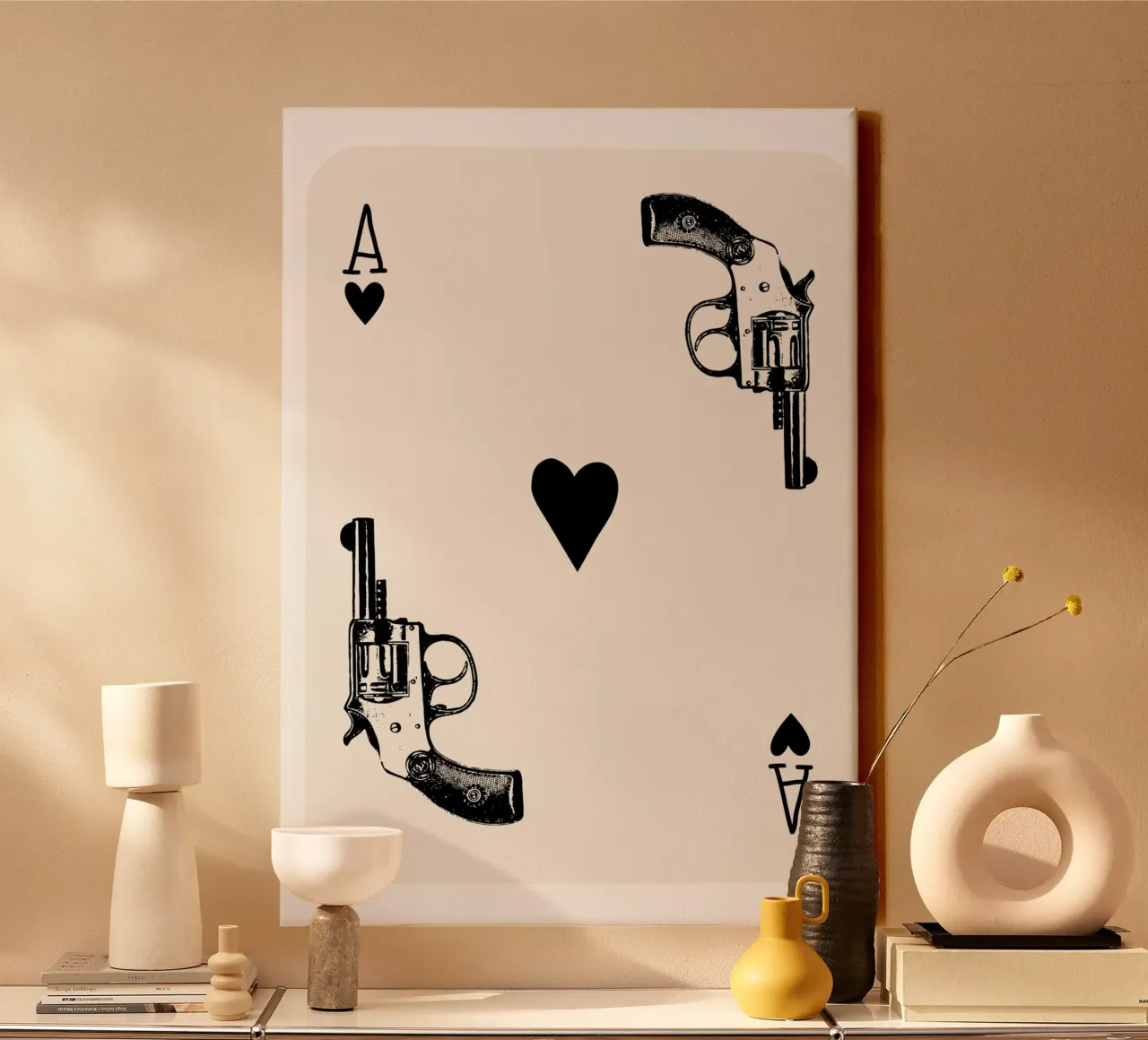 zwarte aas kaart, retro pistool, cowboy kunst canvas met Baklijst van pdigitalprints