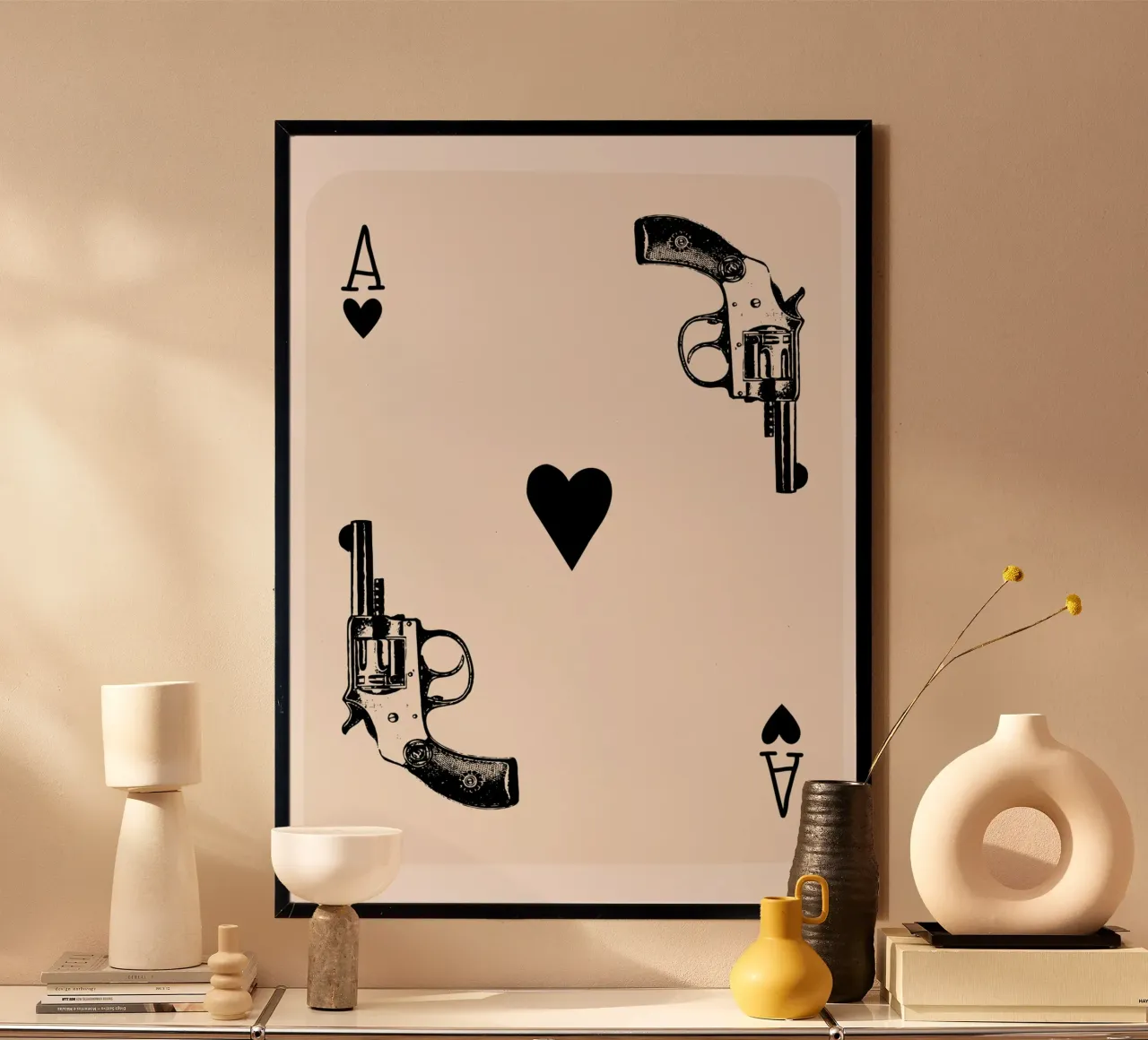 zwarte aas kaart, retro pistool, cowboy kunst poster met aluminium frame van pdigitalprints