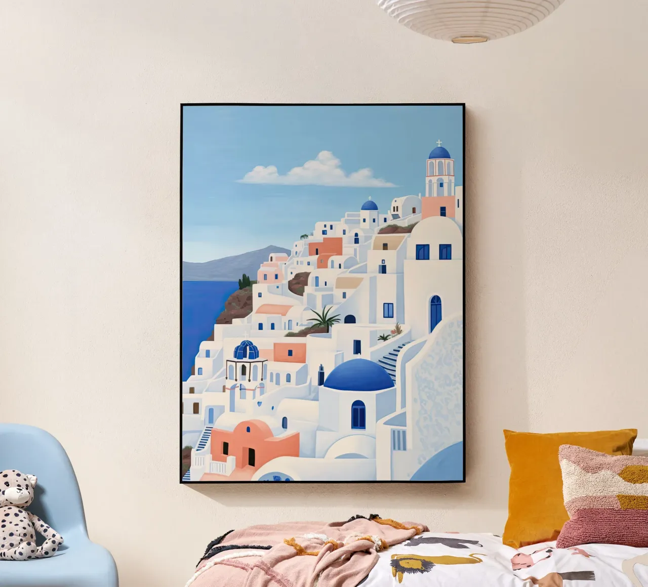 Santorini Greece, Watercolour Illustration Travel acrylic glass by Peaches Art Prints