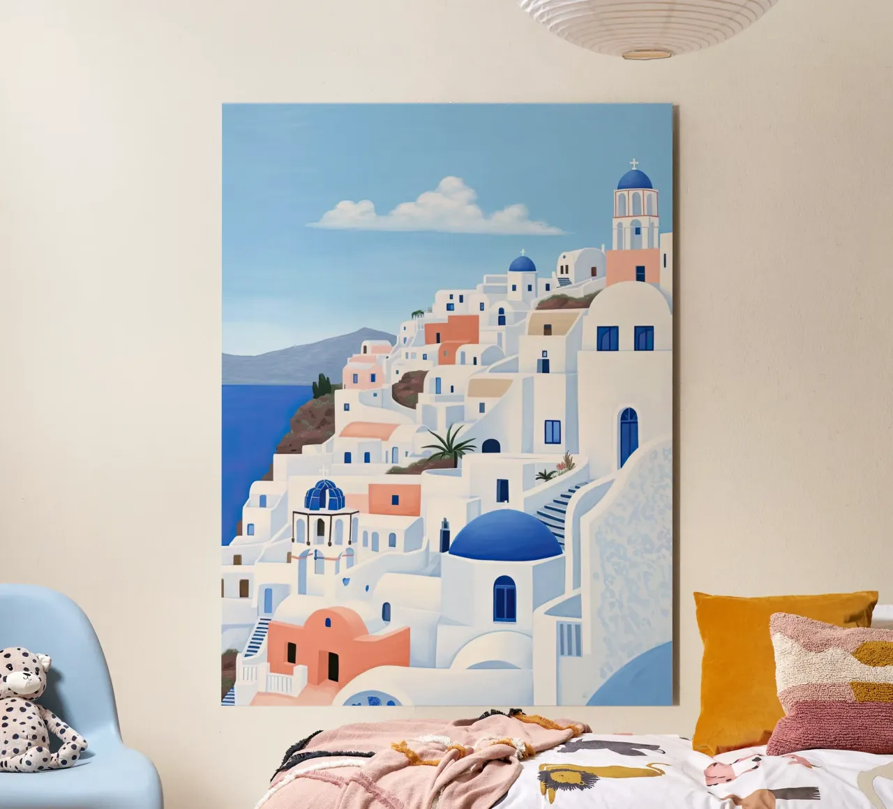 Santorini Grecia, acquerello illustrazione di viaggio alluminio dibond da Peaches Art Prints